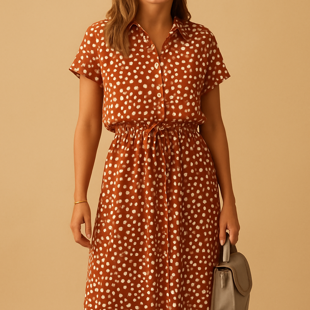 Polka dot midi dress for women with soft cotton fabric and flattering fit, perfect for casual days, workwear, or elegant special occasions.
