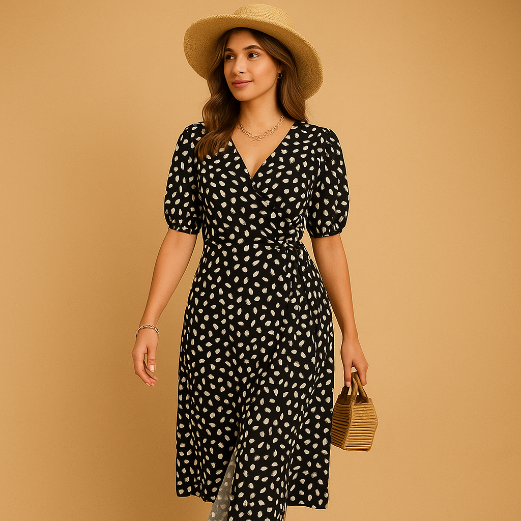 Elegant women’s polka dot summer dress with V-neck and flattering slit, perfect for beach days, garden parties, and warm summer outings.