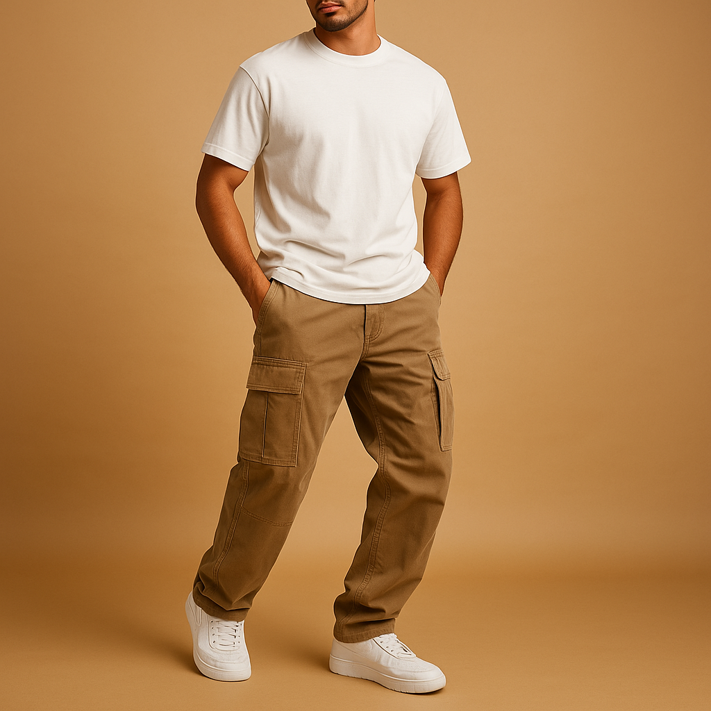 Men’s practical cargo pants with regular fit and multiple pockets, made from durable cotton blend for comfort, work, and leisure.