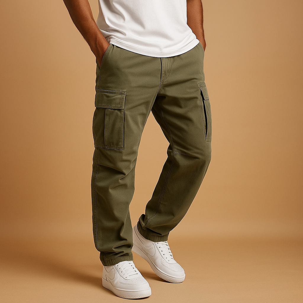 Men’s practical cargo pants with regular fit and multiple pockets, made from durable cotton blend for comfort, work, and leisure.