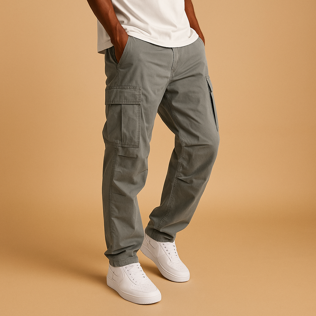 Men’s practical cargo pants with regular fit and multiple pockets, made from durable cotton blend for comfort, work, and leisure.