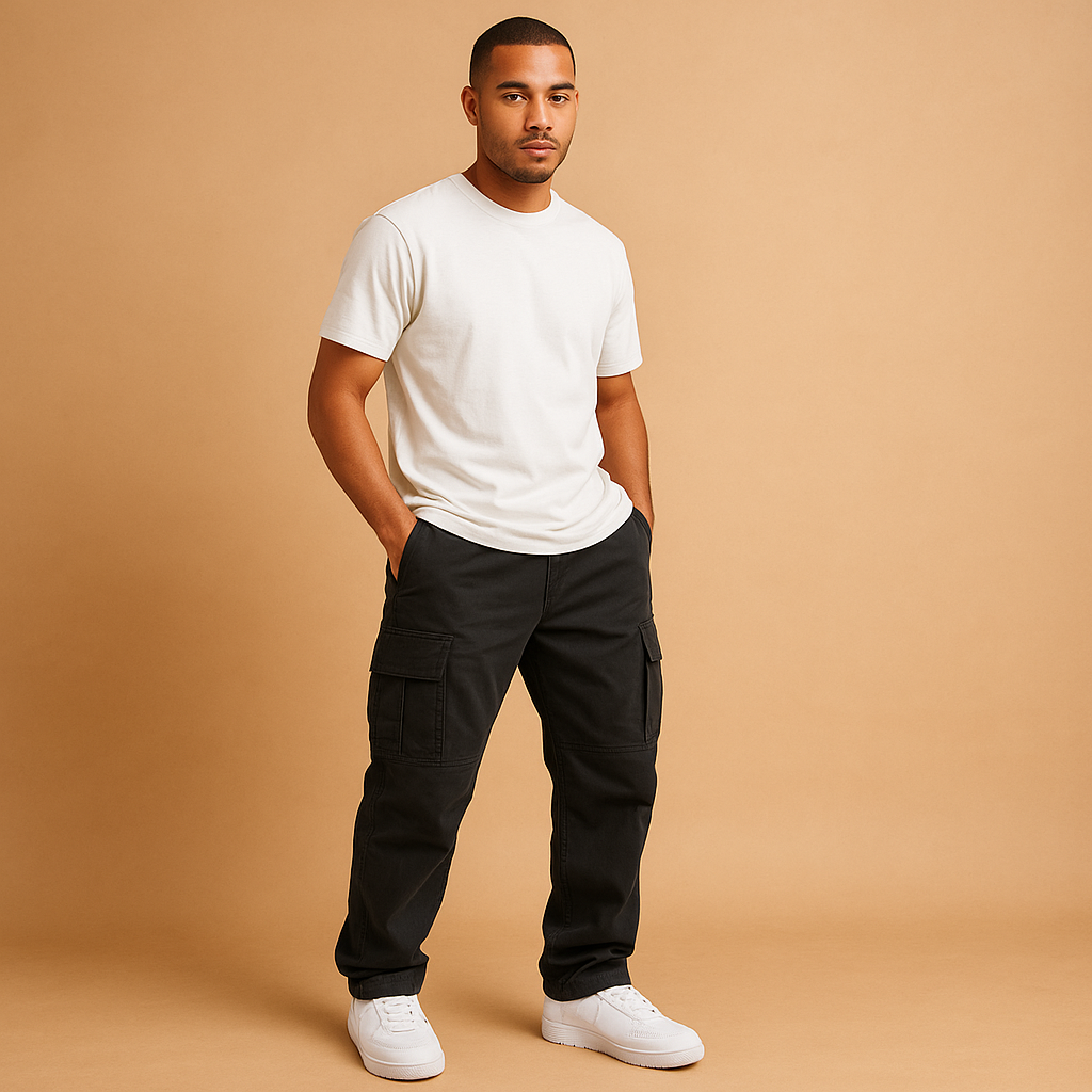 Men’s practical cargo pants with regular fit and multiple pockets, made from durable cotton blend for comfort, work, and leisure.