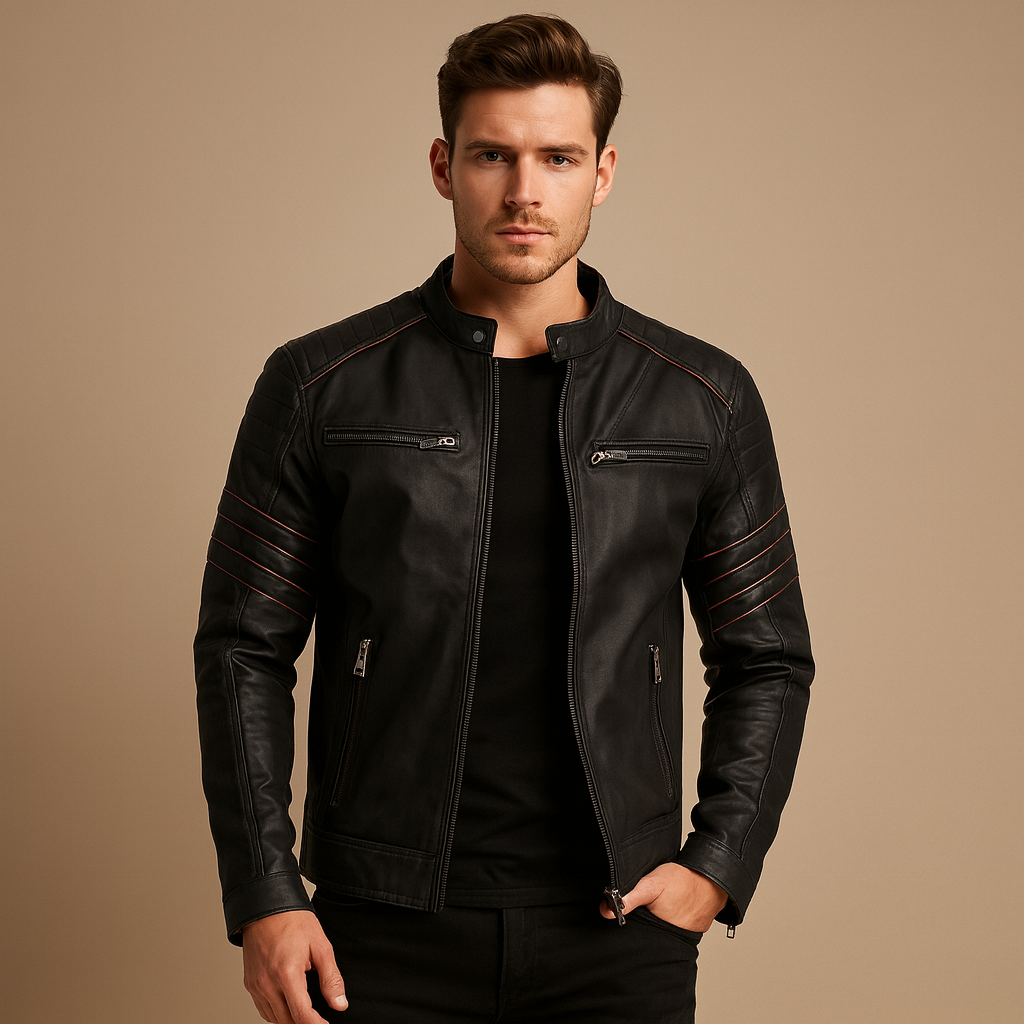 Men’s premium biker jacket with structured fit, weather-resistant material, bold timeless design, ideal for motorcycle rides and casual wear.