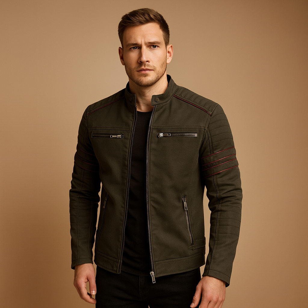 Men’s premium biker jacket with structured fit, weather-resistant material, bold timeless design, ideal for motorcycle rides and casual wear.
