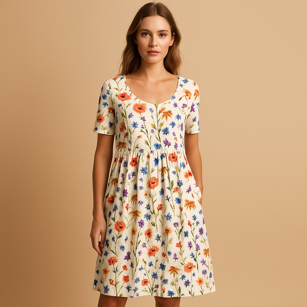 Printed cotton midi dress for women with breathable fabric and playful summer prints, perfect for vacations, city strolls, and casual wear.