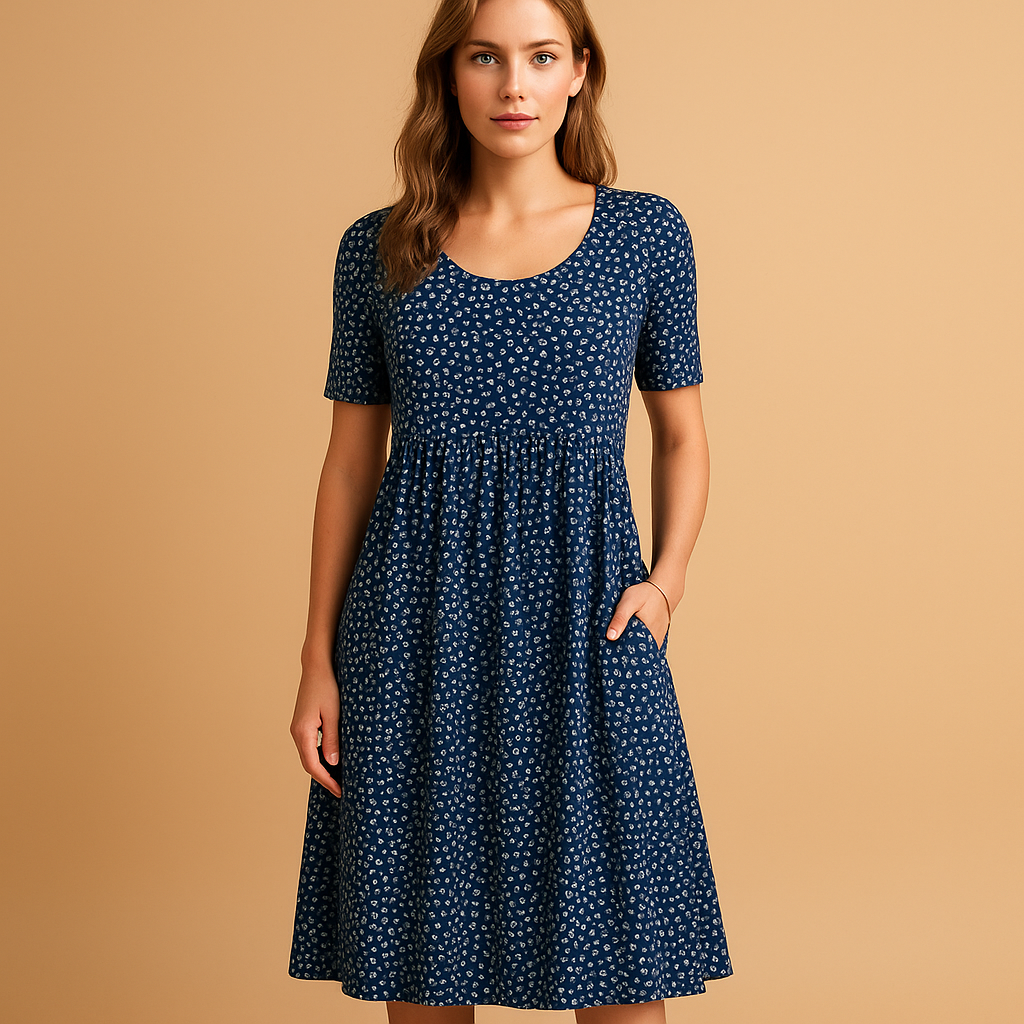 Printed cotton midi dress for women with breathable fabric and playful summer prints, perfect for vacations, city strolls, and casual wear.