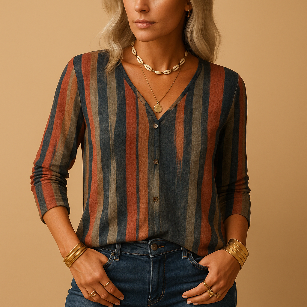 Stylish printed long sleeve top for women in cotton blend with patchwork and stripe designs, perfect for casual and trendy looks.