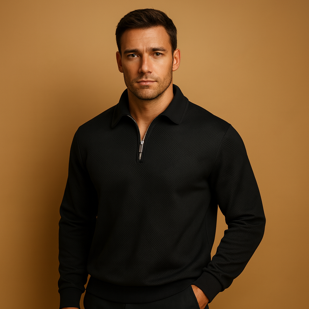 Men’s quarter-zip polo sweater with a geometric pattern, shown in multiple colors and designed for stylish everyday and workwear in cooler seasons.