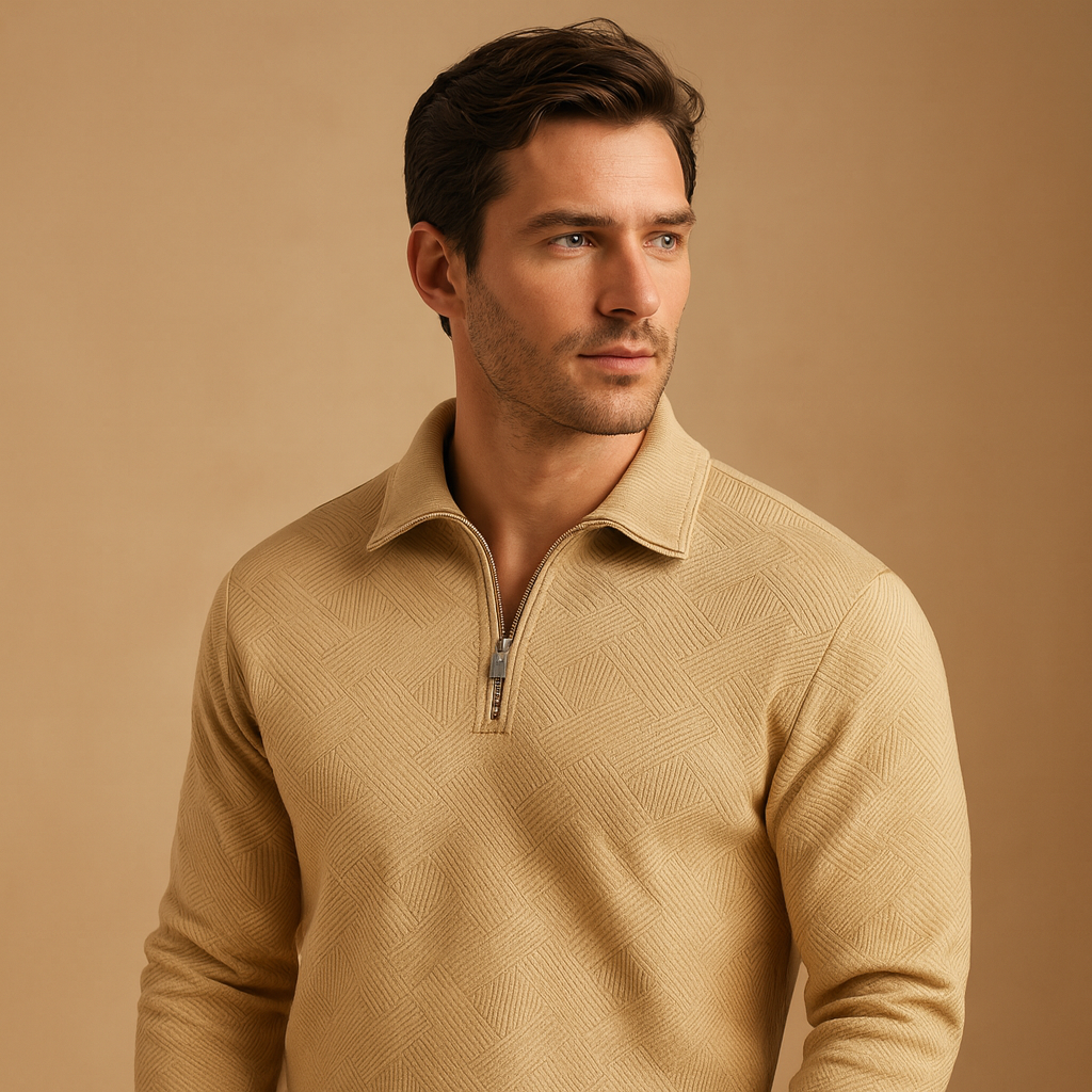 Men’s quarter-zip polo sweater with a geometric pattern, shown in multiple colors and designed for stylish everyday and workwear in cooler seasons.