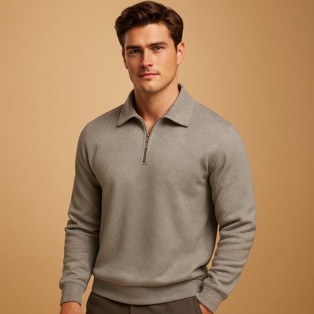 Men’s quarter-zip polo sweater with a geometric pattern, shown in multiple colors and designed for stylish everyday and workwear in cooler seasons.