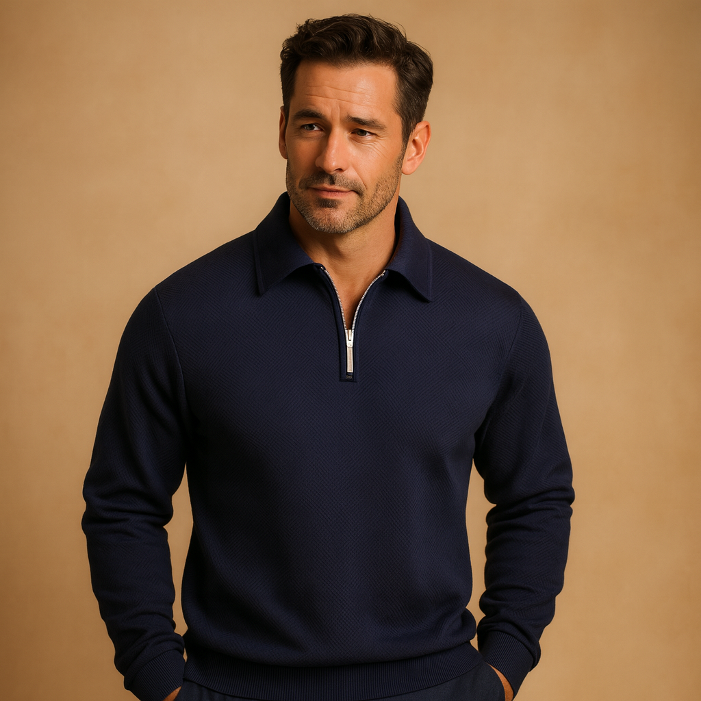 Men’s quarter-zip polo sweater with a geometric pattern, shown in multiple colors and designed for stylish everyday and workwear in cooler seasons.