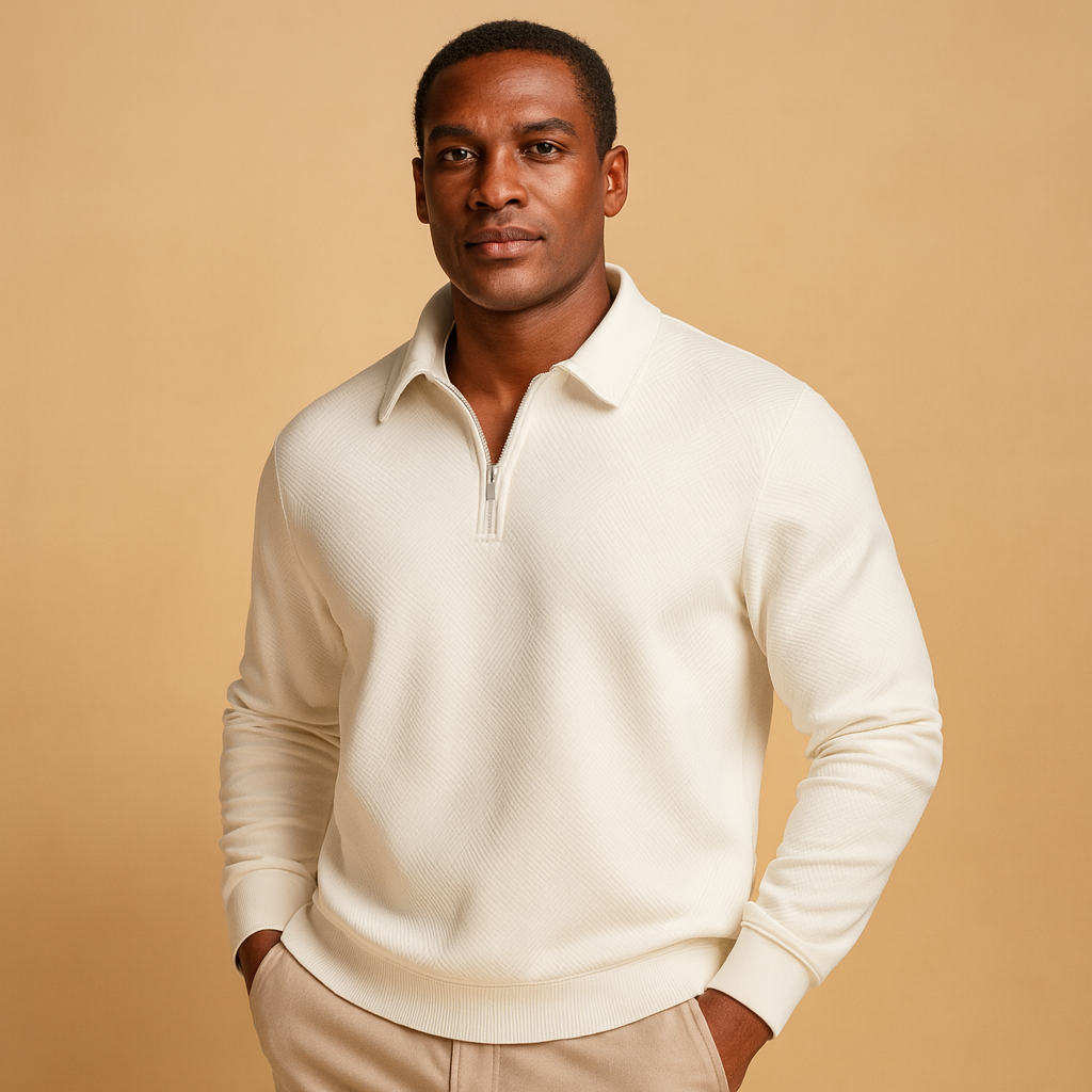 Men’s quarter-zip polo sweater with a geometric pattern, shown in multiple colors and designed for stylish everyday and workwear in cooler seasons.