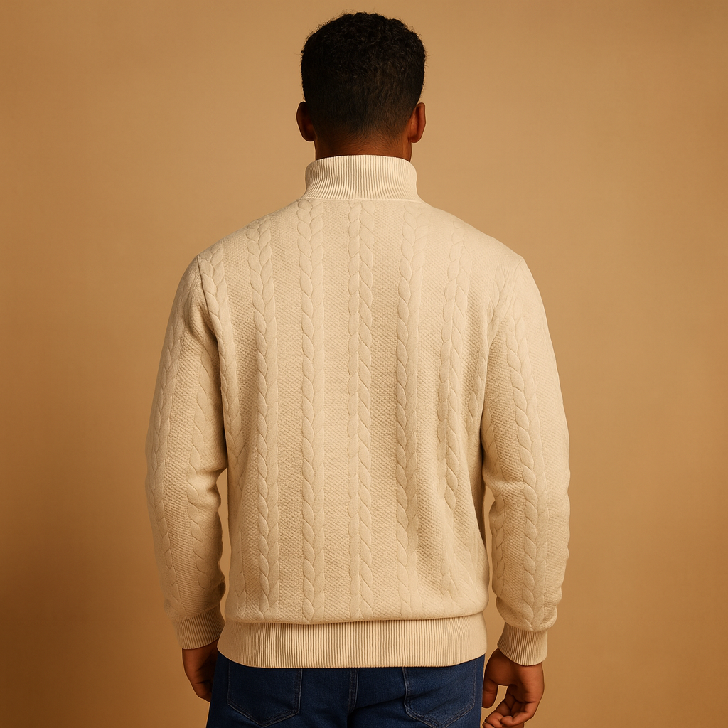 Men’s quarter-zip pullover sweater with a relaxed fit and subtle woven pattern, ideal for casual and semi-formal outfits during autumn and winter.