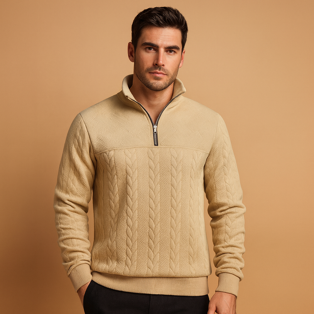 Men’s quarter-zip pullover sweater with a relaxed fit and subtle woven pattern, ideal for casual and semi-formal outfits during autumn and winter.