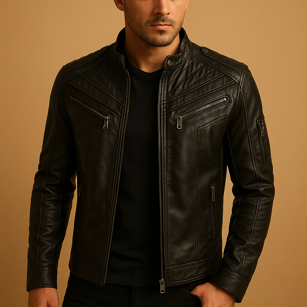 Men’s quilted leather jacket with stand-up collar and zip pockets, made from premium durable leather, ideal for casual and formal occasions.