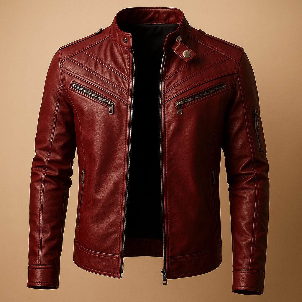 Men’s quilted leather jacket with stand-up collar and zip pockets, made from premium durable leather, ideal for casual and formal occasions.