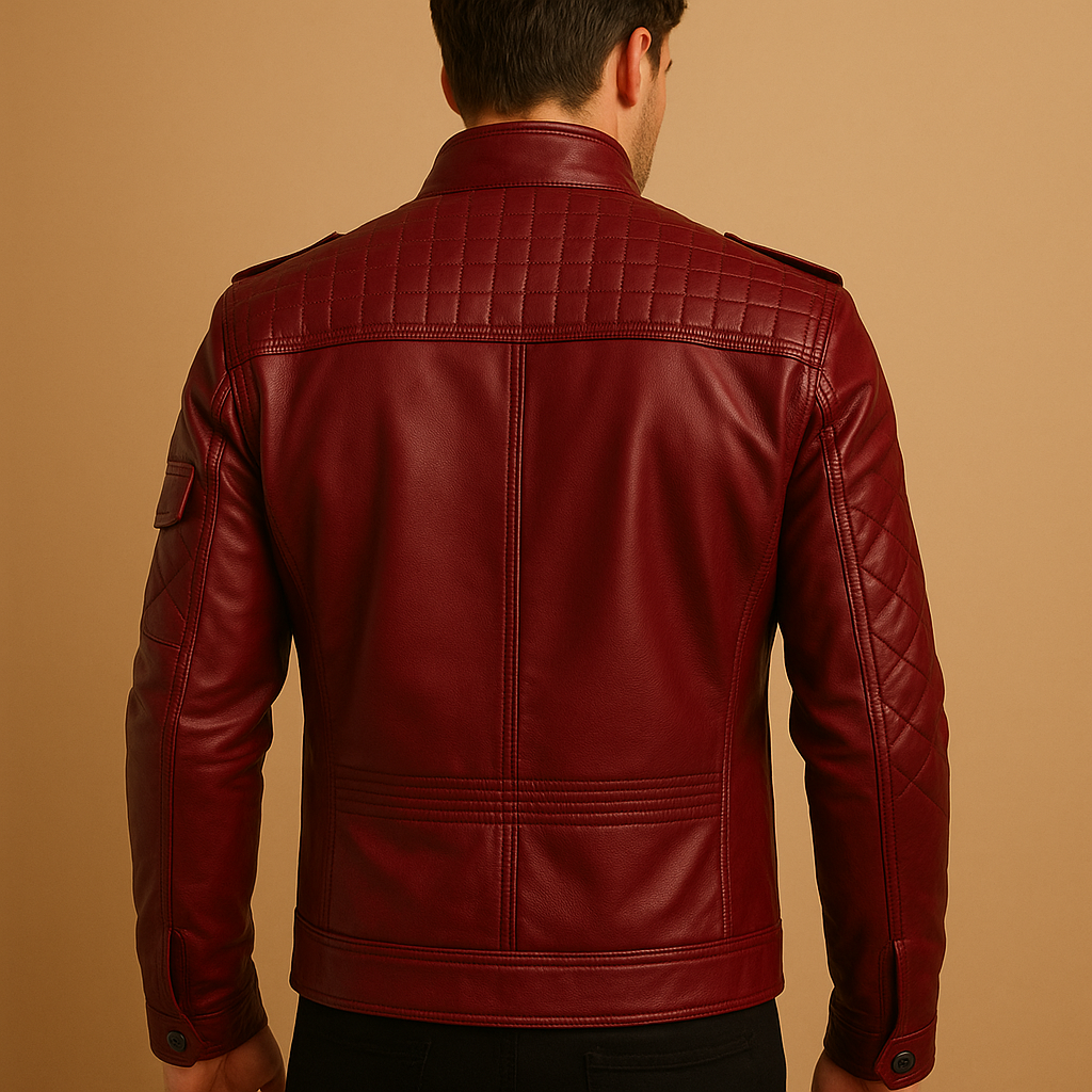 Men’s quilted leather jacket with stand-up collar and zip pockets, made from premium durable leather, ideal for casual and formal occasions.