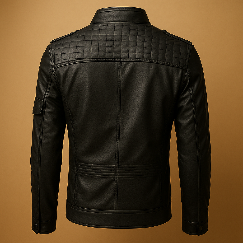 Men’s quilted leather jacket with stand-up collar and zip pockets, made from premium durable leather, ideal for casual and formal occasions.