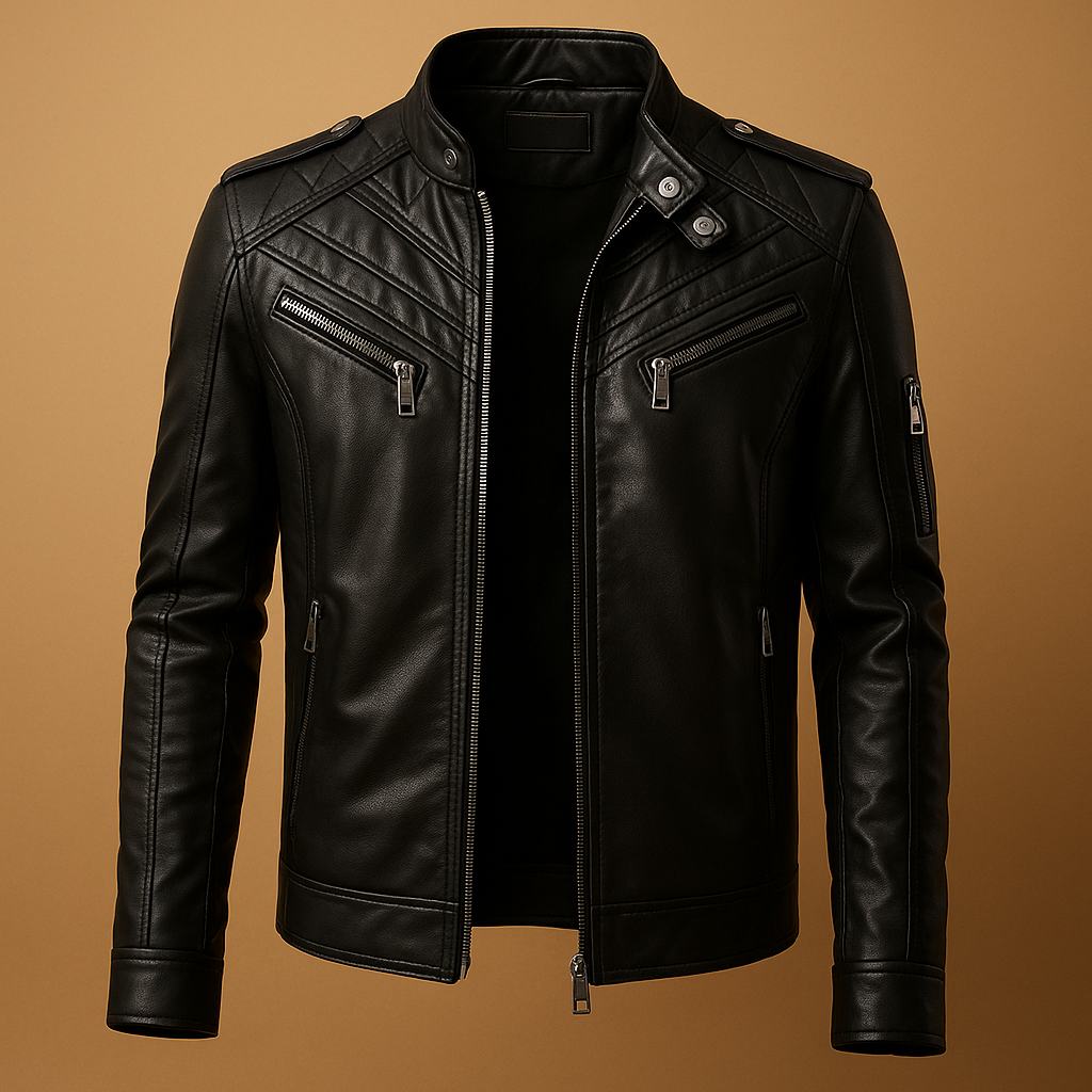 Men’s quilted leather jacket with stand-up collar and zip pockets, made from premium durable leather, ideal for casual and formal occasions.