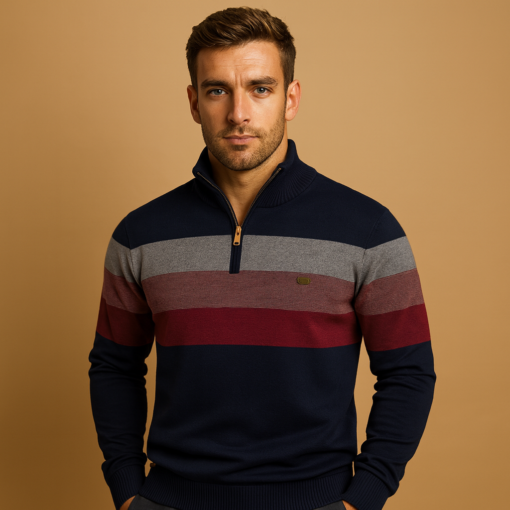 Men’s retro striped zip pullover with a soft feel and casual fit, ideal for daily wear and smart-casual outfits in autumn and winter.