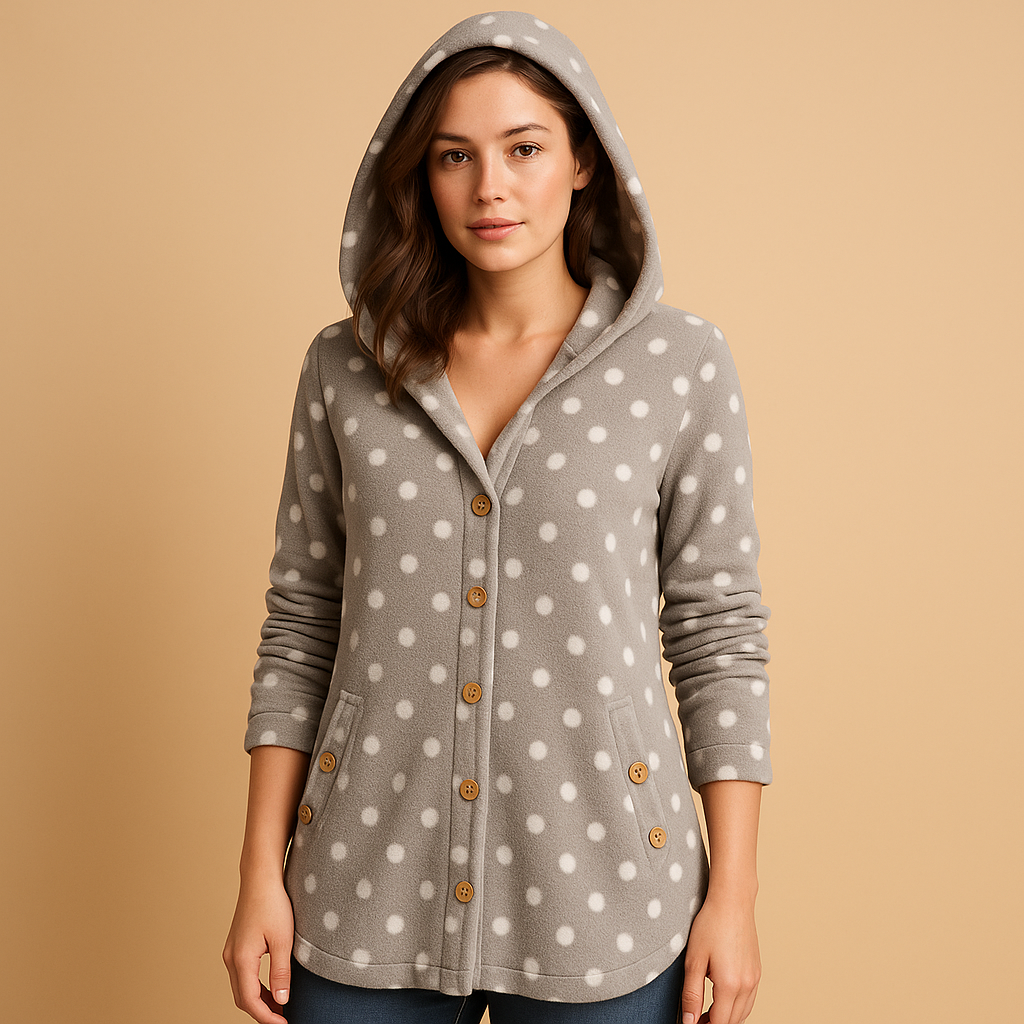 Women’s reversible fleece jacket with hood, ribbed cuffs, and tailored fit. A versatile autumn and winter jacket in soft seasonal tones.