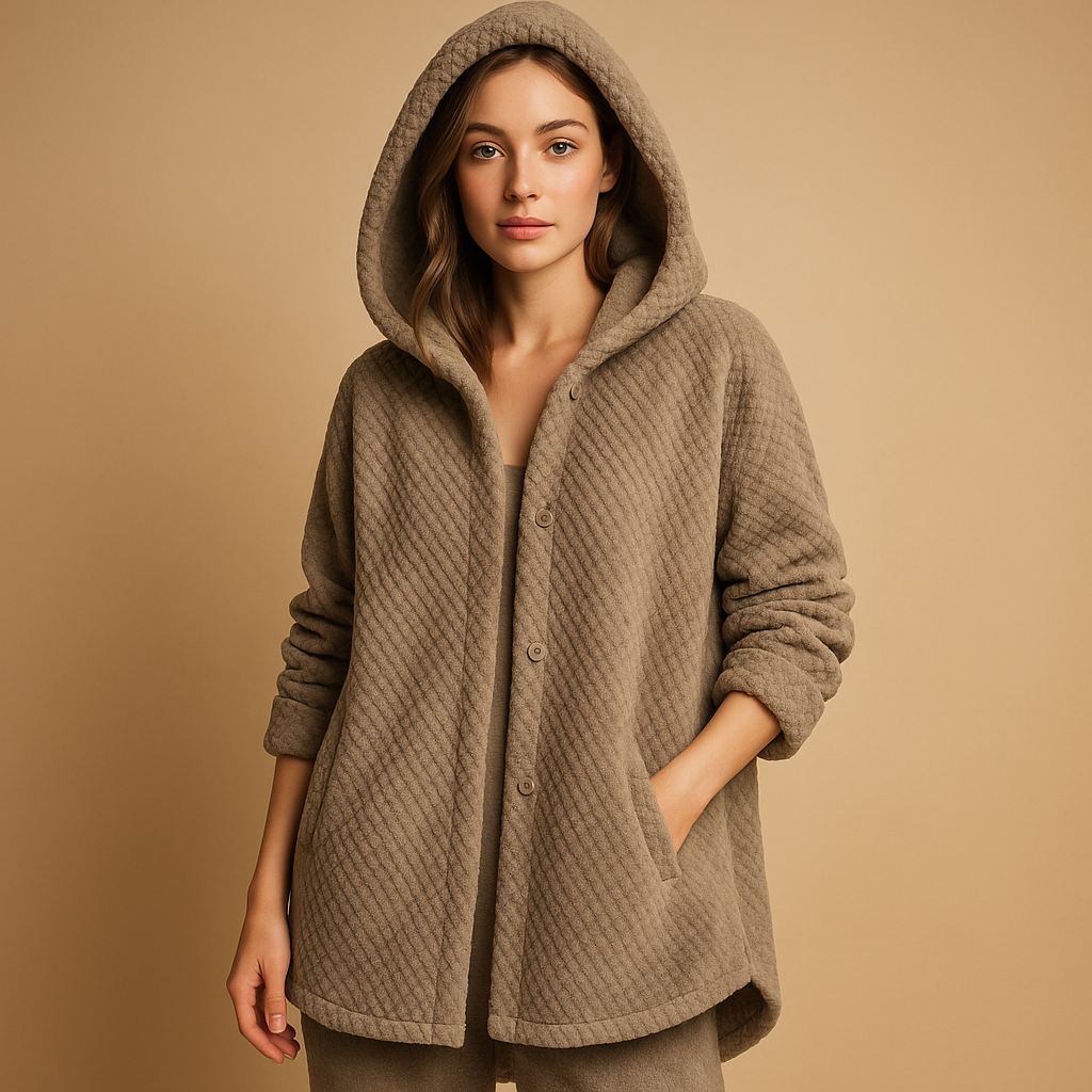 Women’s reversible fleece jacket with hood, ribbed cuffs, and tailored fit. A versatile autumn and winter jacket in soft seasonal tones.