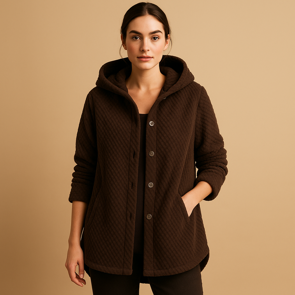 Women’s reversible fleece jacket with hood, ribbed cuffs, and tailored fit. A versatile autumn and winter jacket in soft seasonal tones.