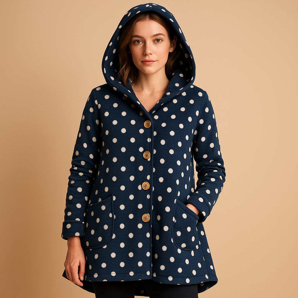 Women’s reversible fleece jacket with hood, ribbed cuffs, and tailored fit. A versatile autumn and winter jacket in soft seasonal tones.