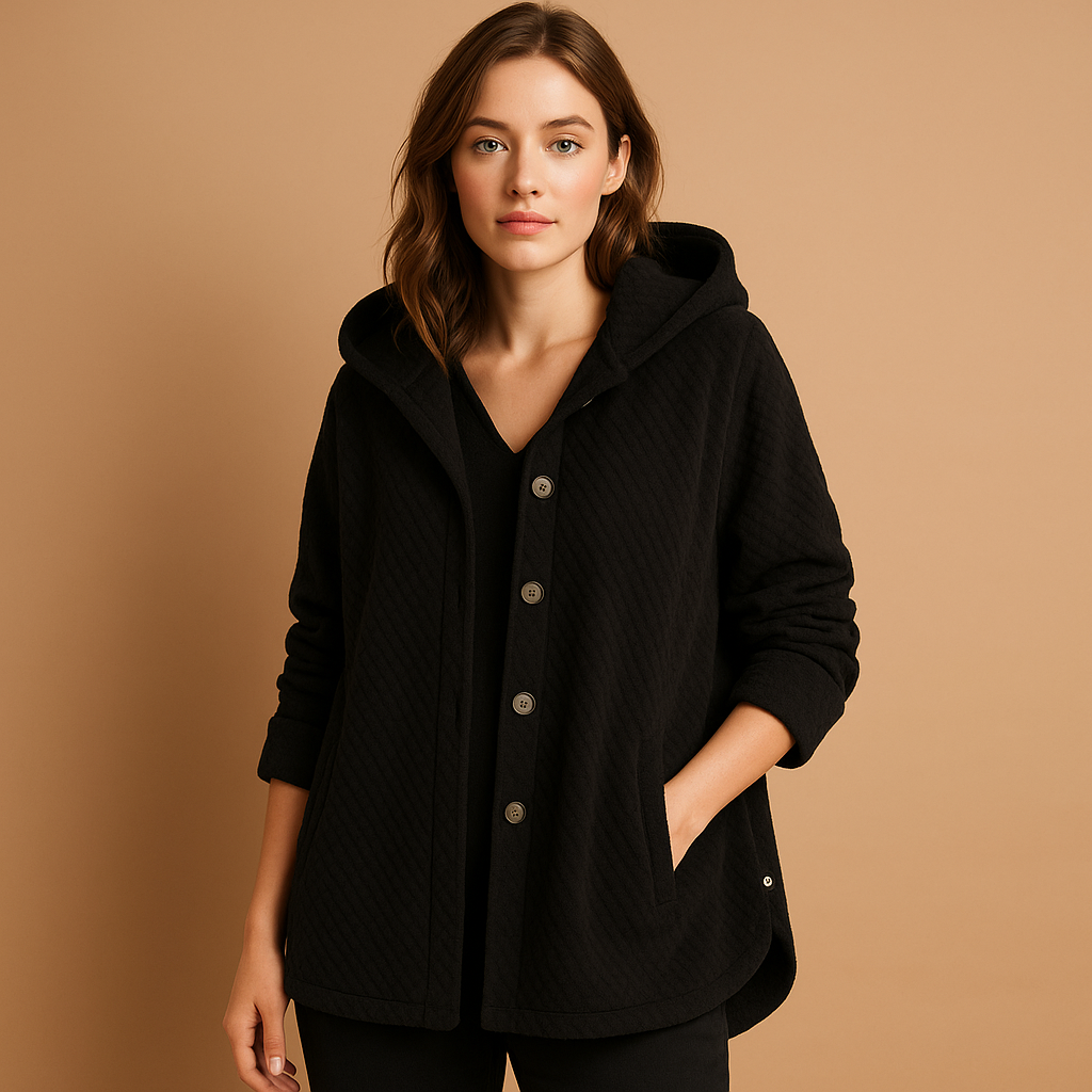Women’s reversible fleece jacket with hood, ribbed cuffs, and tailored fit. A versatile autumn and winter jacket in soft seasonal tones.