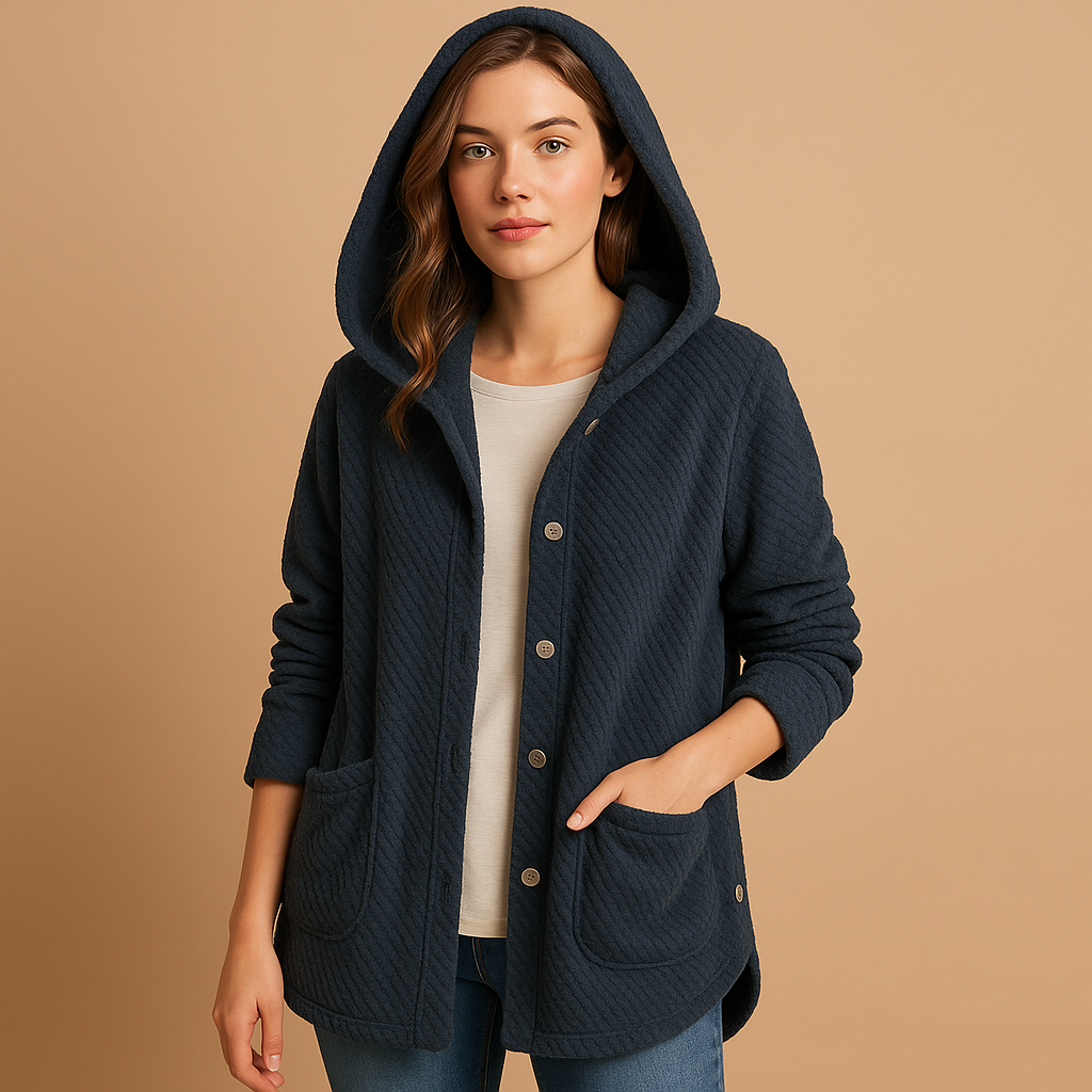 Women’s reversible fleece jacket with hood, ribbed cuffs, and tailored fit. A versatile autumn and winter jacket in soft seasonal tones.