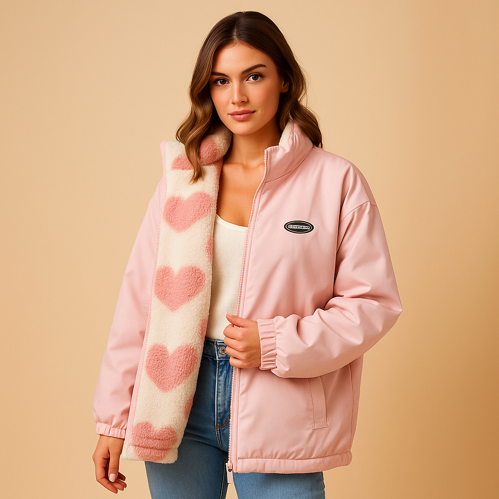 Women’s reversible winter coat with sleek silhouette, available in black, blue, and pink. Stylish, versatile, and warm for casual or chic looks.