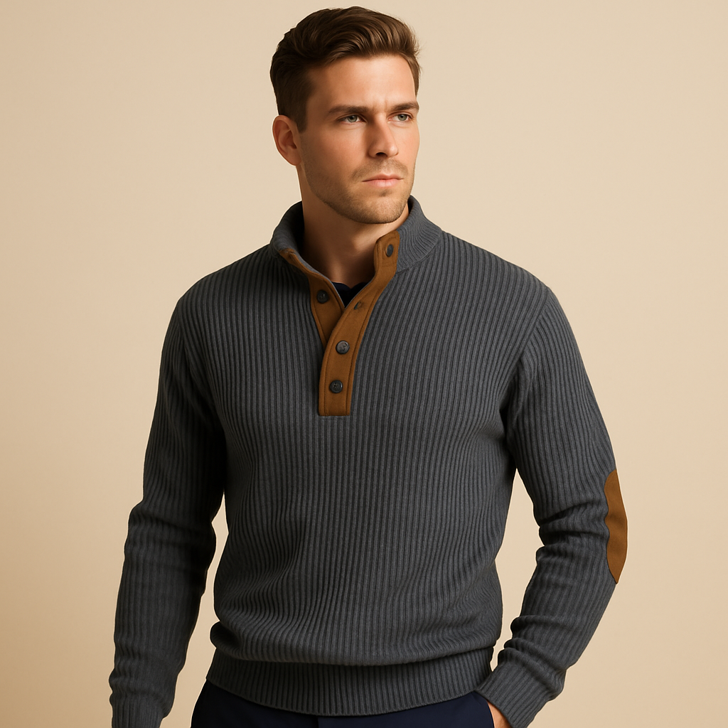 Men’s ribbed sweatshirt with a stand-up collar and button closure, designed for casual and everyday wear in autumn and winter.