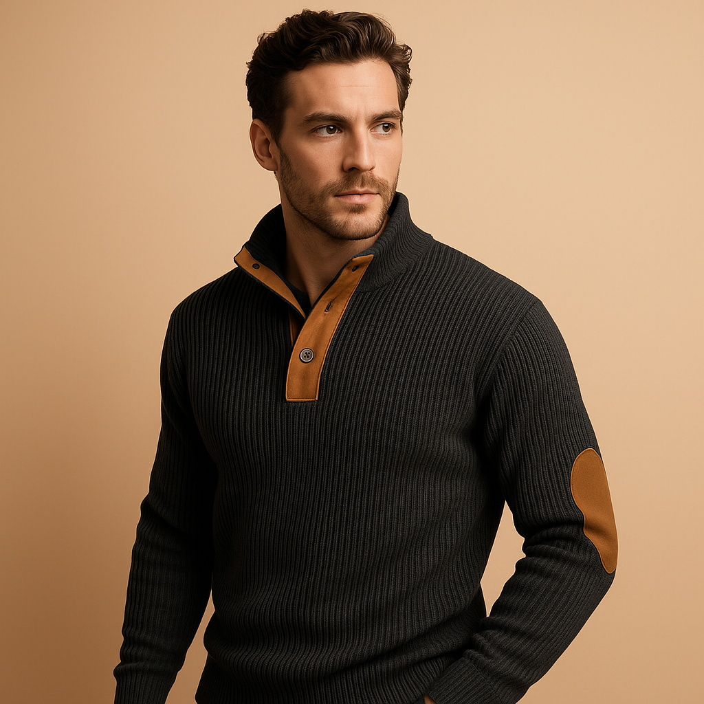Men’s ribbed sweatshirt with a stand-up collar and button closure, designed for casual and everyday wear in autumn and winter.