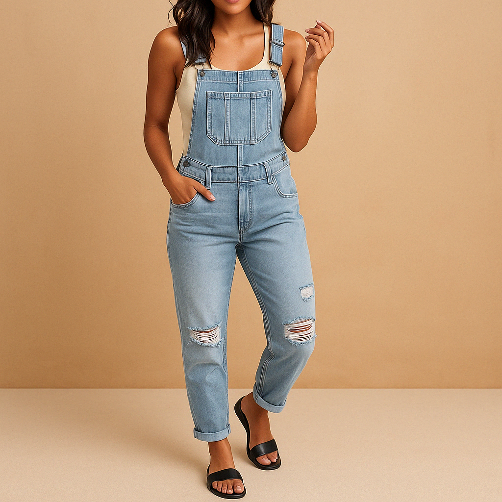 Women’s ripped denim overall with adjustable straps and relaxed fit. Available in grey, dark blue, and light blue. Perfect for casual and streetwear looks.