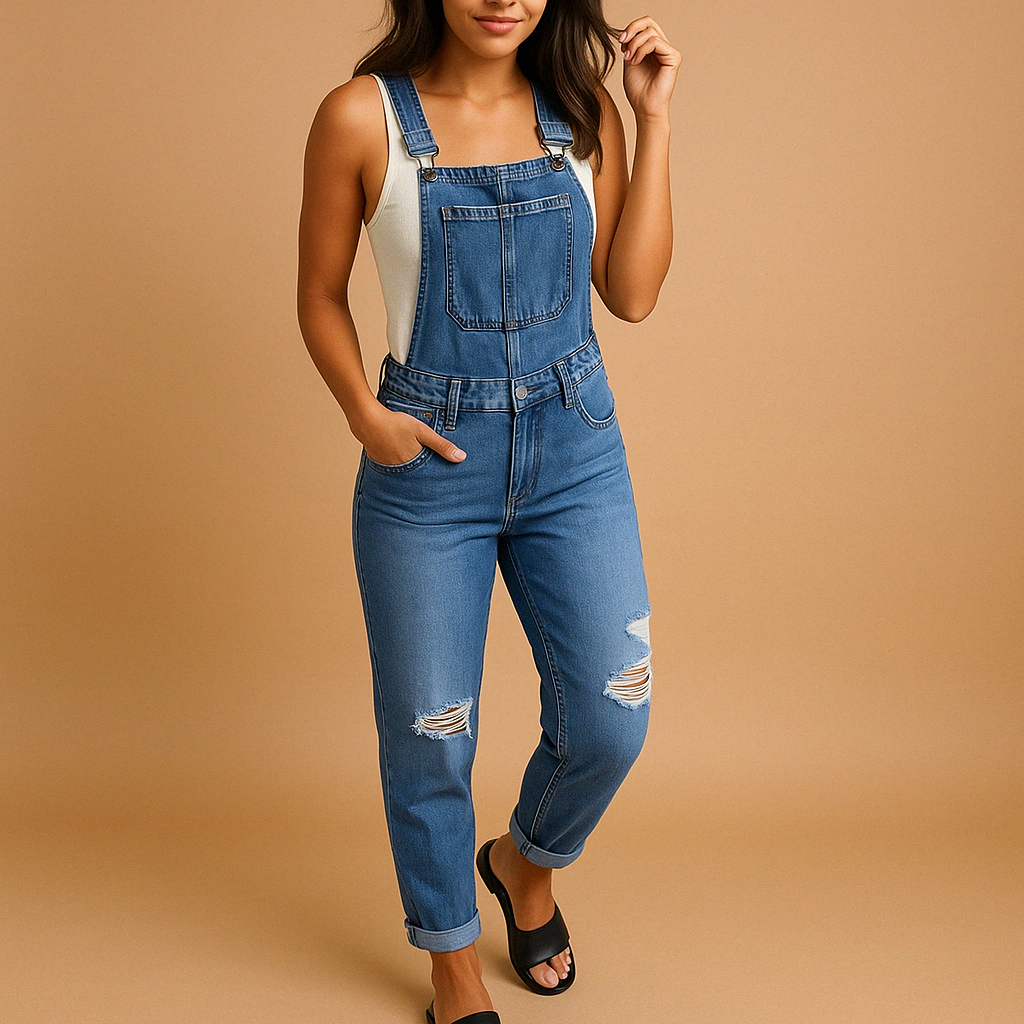 Women’s ripped denim overall with adjustable straps and relaxed fit. Available in grey, dark blue, and light blue. Perfect for casual and streetwear looks.