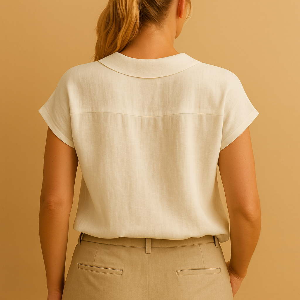 Lightweight round neck summer blouse for women with button closure, perfect for casual looks, beach days, and warm-weather comfort.
