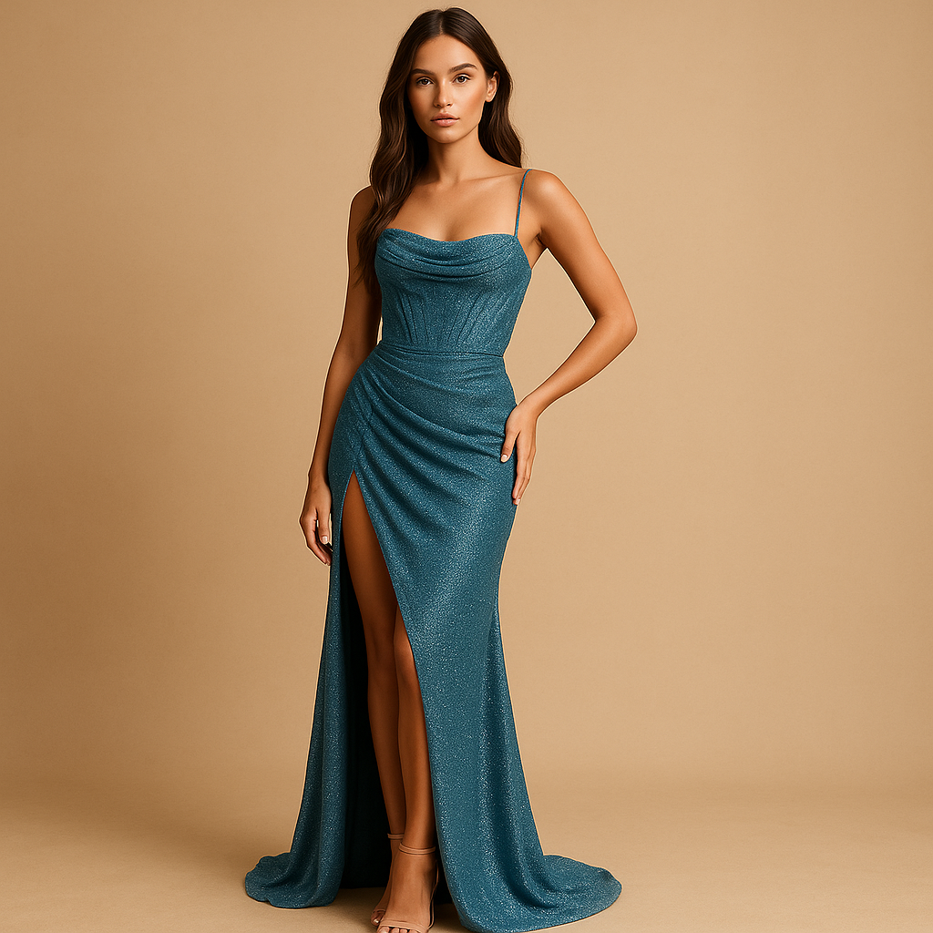 Women’s satin corset dress with structured bodice and high slit, perfect for weddings, galas, and elegant evening occasions.