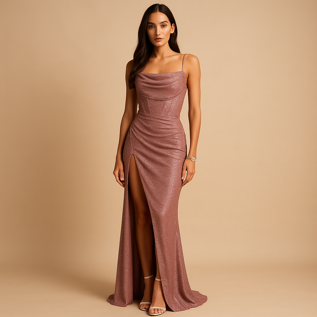 Women’s satin corset dress with structured bodice and high slit, perfect for weddings, galas, and elegant evening occasions.
