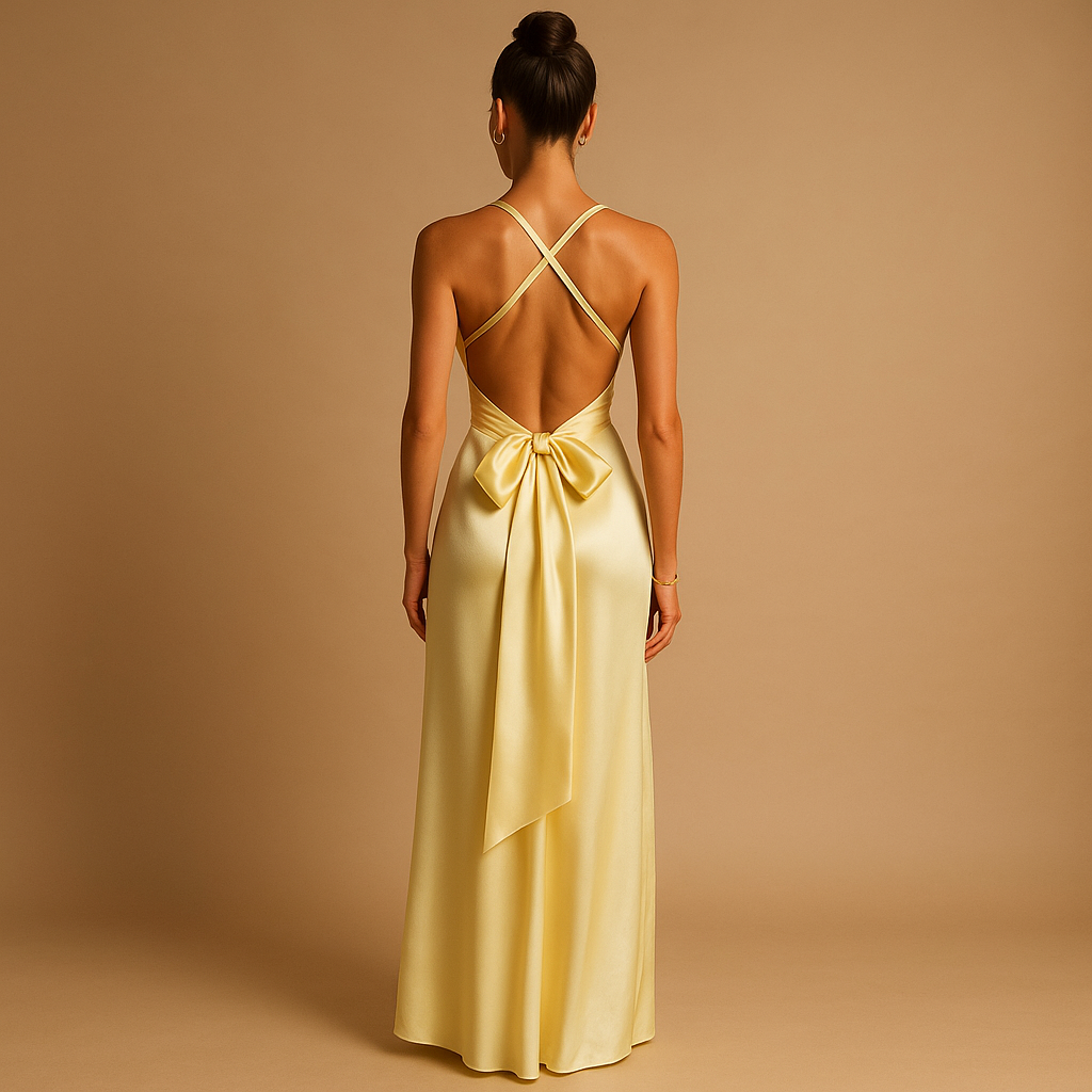 Satin halter maxi evening dress for women with a twisted neckline and fitted bodice, perfect for weddings, formal events, and elegant occasions.