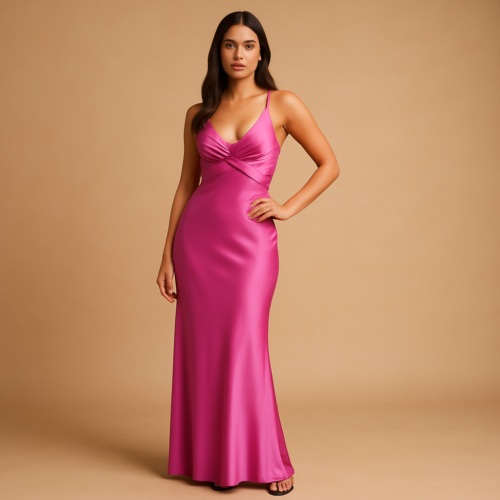 Satin halter maxi evening dress for women with a twisted neckline and fitted bodice, perfect for weddings, formal events, and elegant occasions.