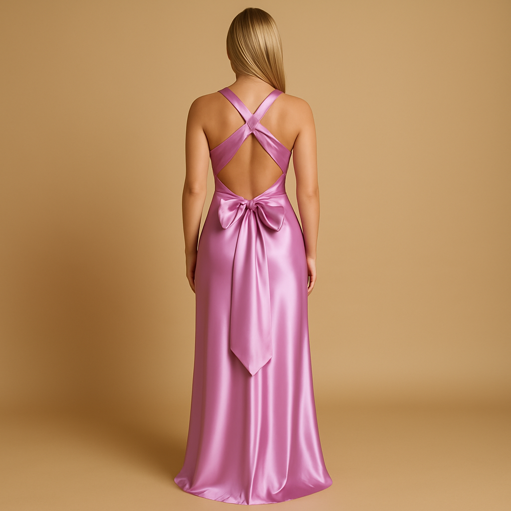 Satin halter maxi evening dress for women with a twisted neckline and fitted bodice, perfect for weddings, formal events, and elegant occasions.