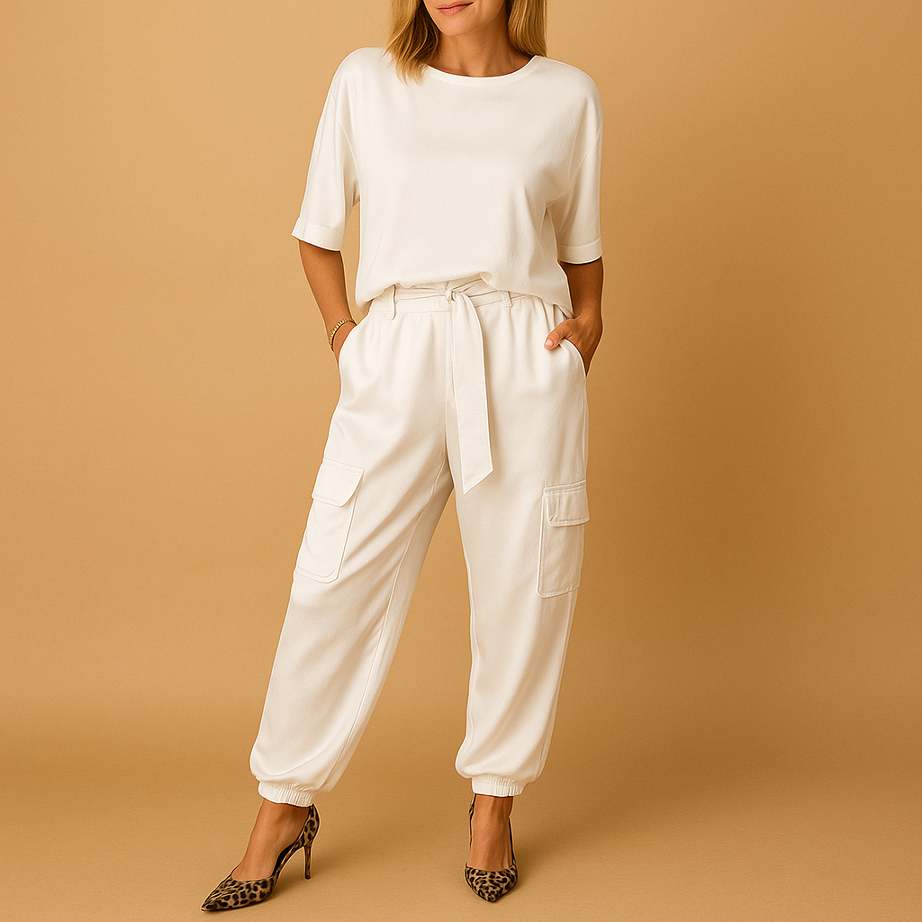 Elegant satin two piece set for women with half-sleeve top and straight-leg pants, available in Gold, Black, White, Gray, Green, and Apricot. Perfect for chic evenings or stylish loungewear.