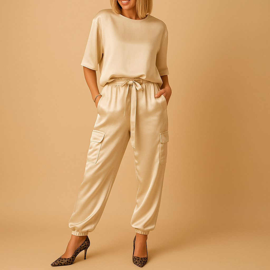 Elegant satin two piece set for women with half-sleeve top and straight-leg pants, available in Gold, Black, White, Gray, Green, and Apricot. Perfect for chic evenings or stylish loungewear.