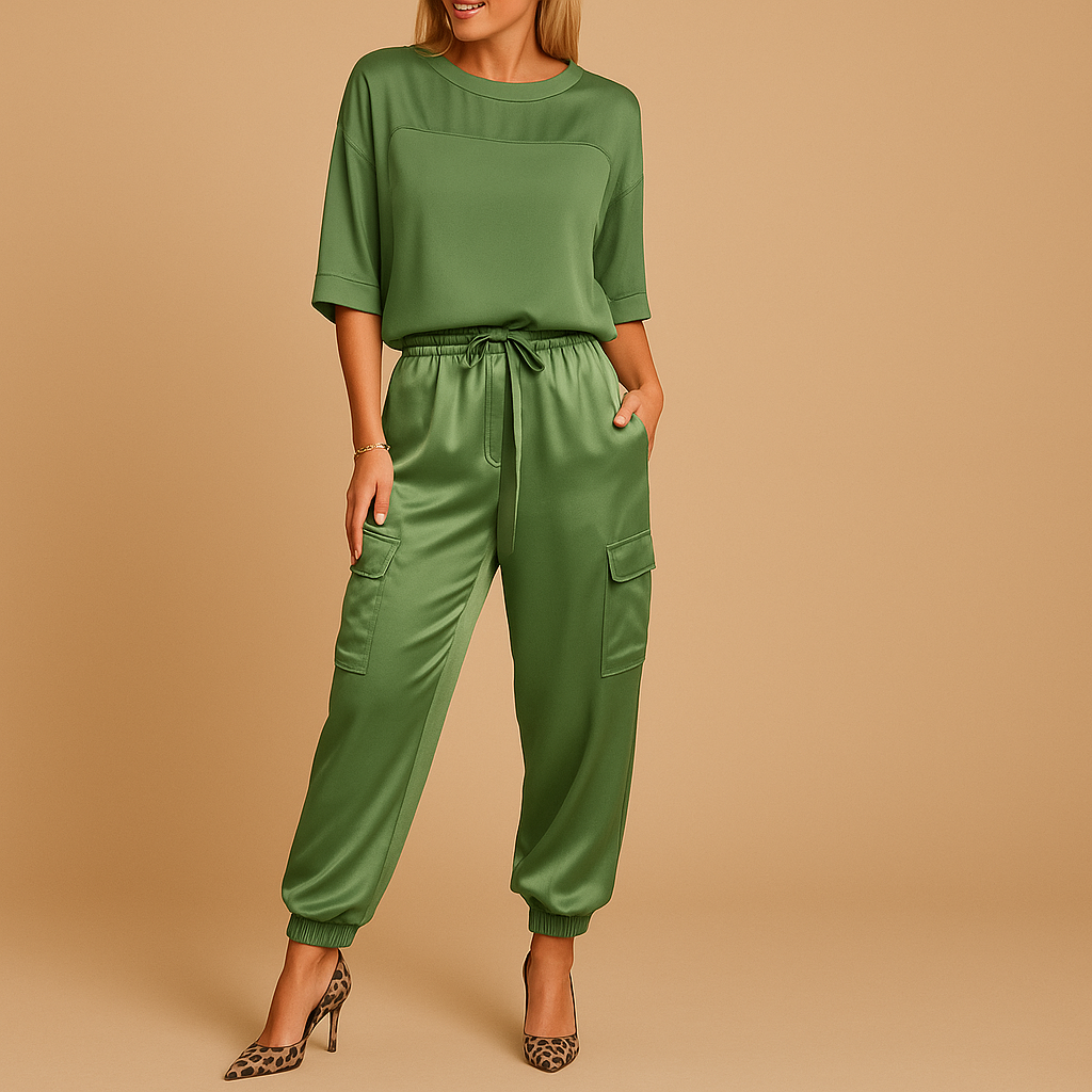 Elegant satin two piece set for women with half-sleeve top and straight-leg pants, available in Gold, Black, White, Gray, Green, and Apricot. Perfect for chic evenings or stylish loungewear.