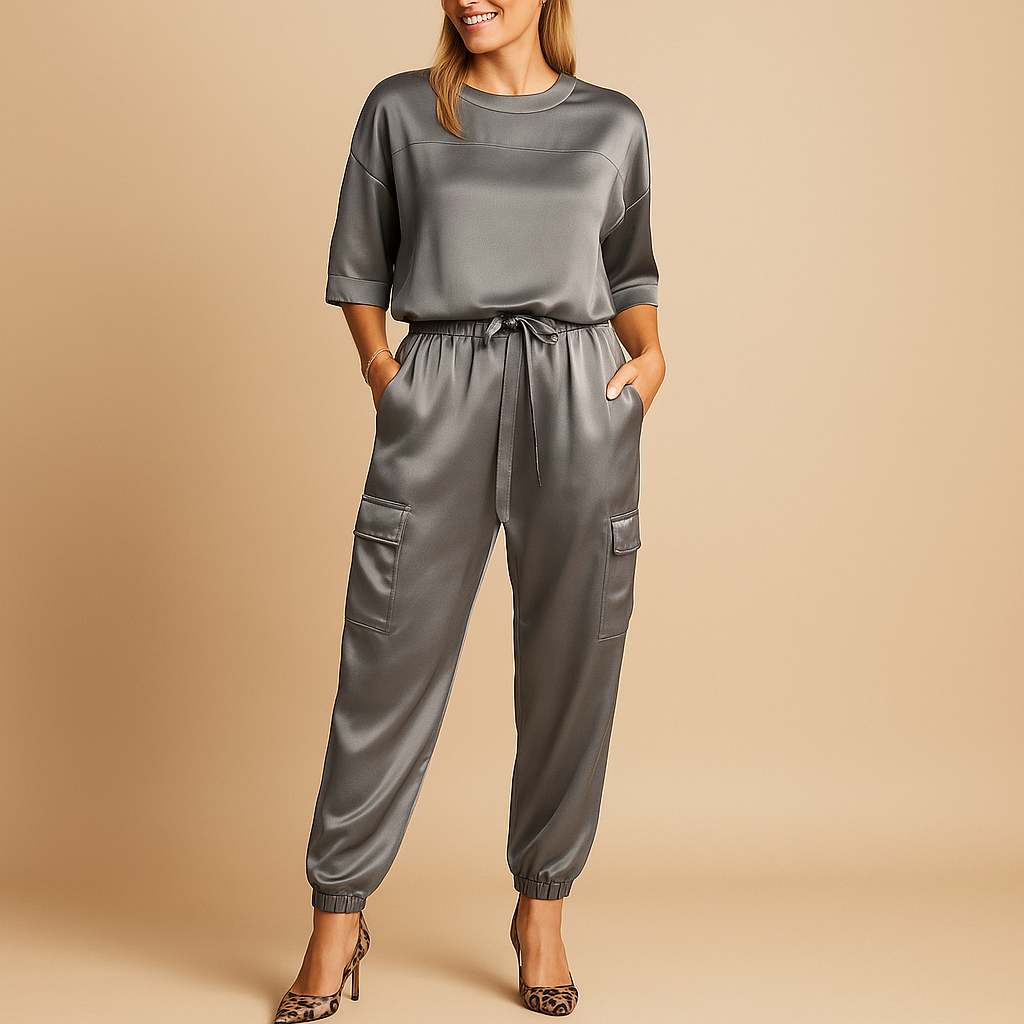 Elegant satin two piece set for women with half-sleeve top and straight-leg pants, available in Gold, Black, White, Gray, Green, and Apricot. Perfect for chic evenings or stylish loungewear.