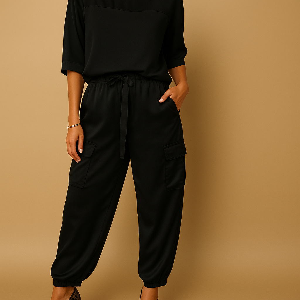 Elegant satin two piece set for women with half-sleeve top and straight-leg pants, available in Gold, Black, White, Gray, Green, and Apricot. Perfect for chic evenings or stylish loungewear.
