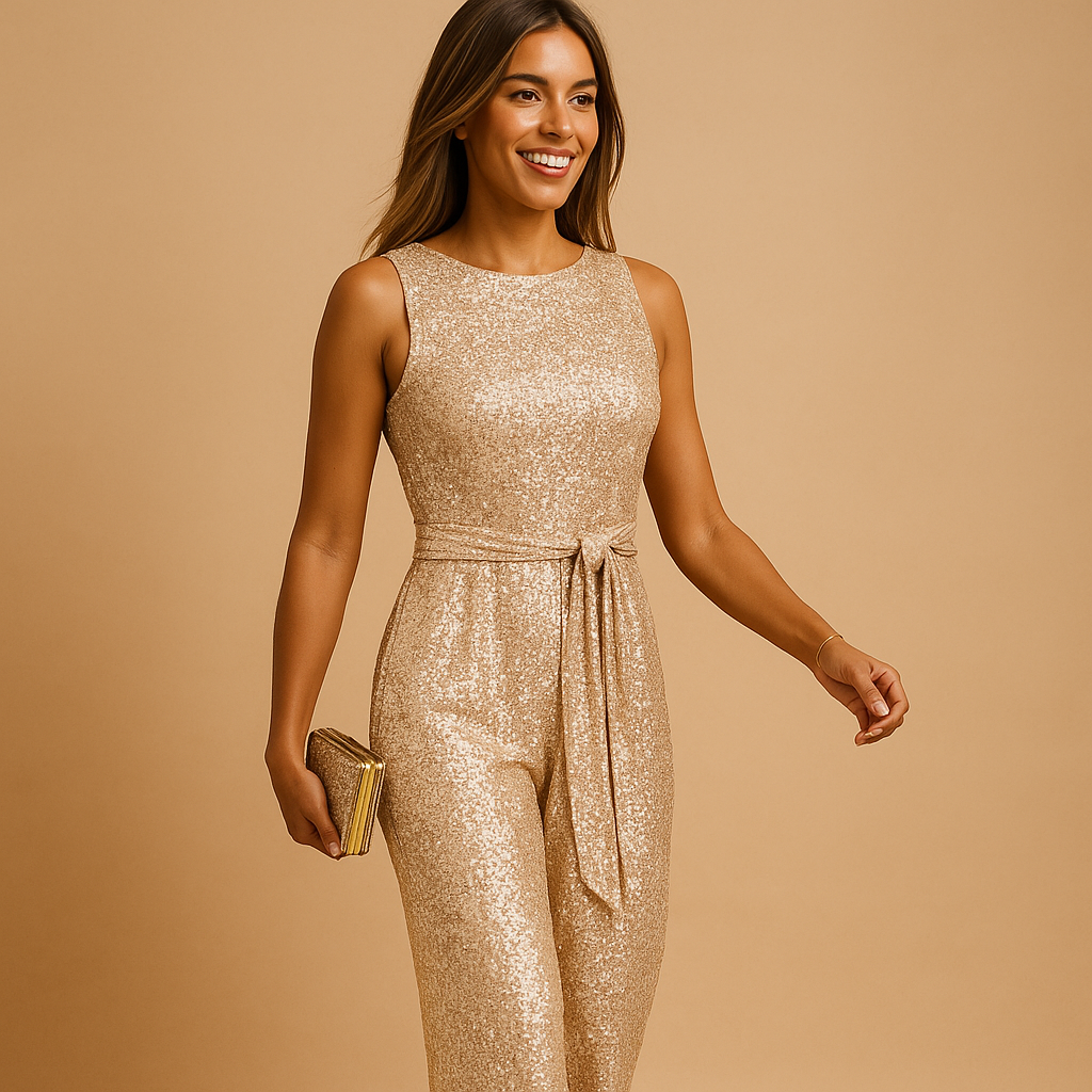 Women’s glamorous sleeveless sequin jumpsuit with slim fit and soft lining. Available in pink, gold, blue, red, silver, and black for festive occasions.