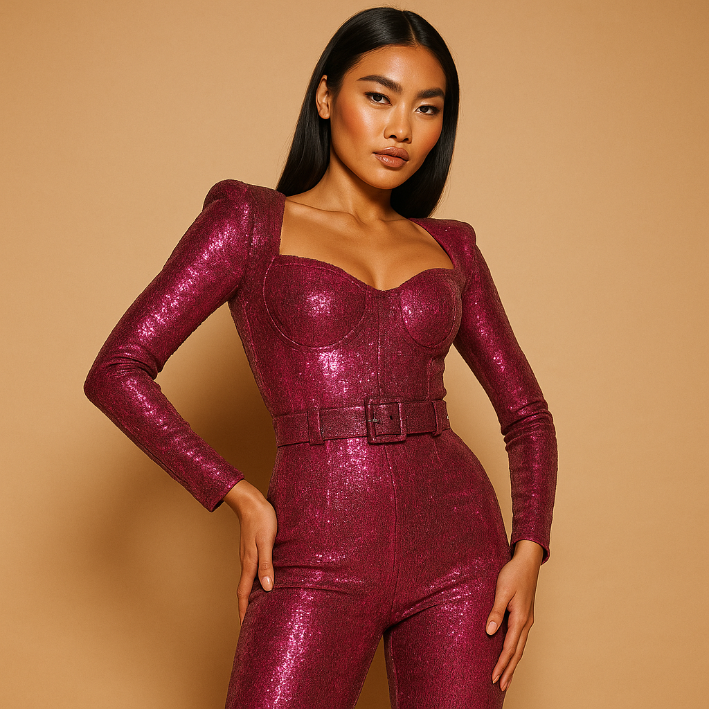 Women’s shiny long sleeve jumpsuit with slim fit, tapered legs, and deep neckline. Perfect for galas, evening parties, and elegant events.