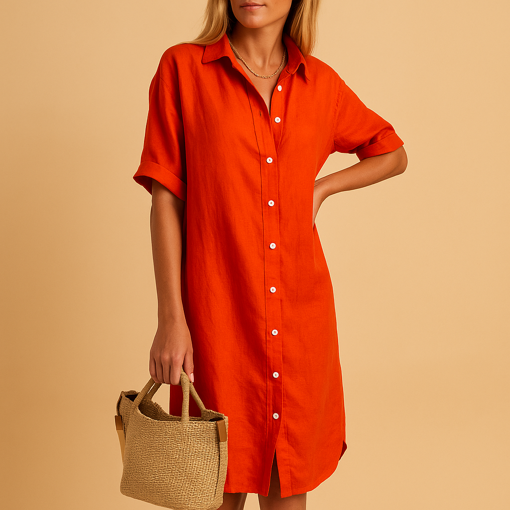 Shirt dress for women with a classic long silhouette, short sleeves, and relaxed fit. Available in black, green, blue, and red. Perfect for work or summer occasions.
