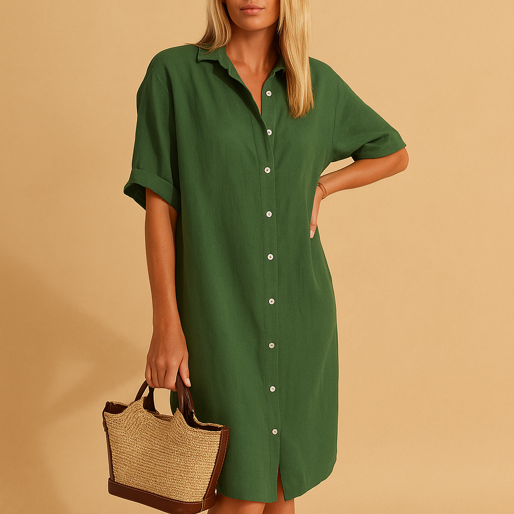 Shirt dress for women with a classic long silhouette, short sleeves, and relaxed fit. Available in black, green, blue, and red. Perfect for work or summer occasions.